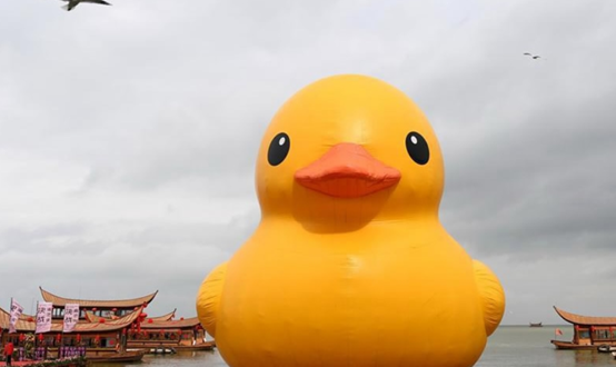 Giant Rubber Duck vralter ind i Kunming, SW Kina